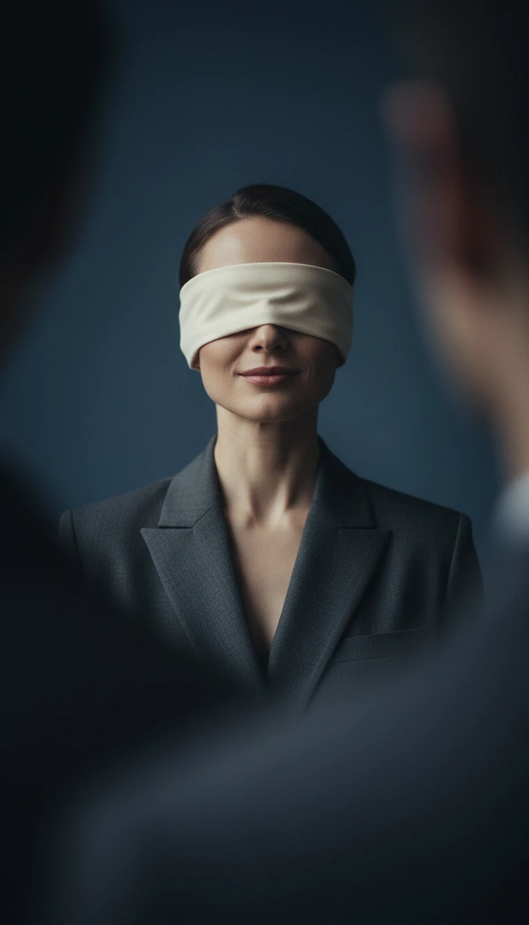 Empresária de olhos vendados, de terno, em um ambiente escuro